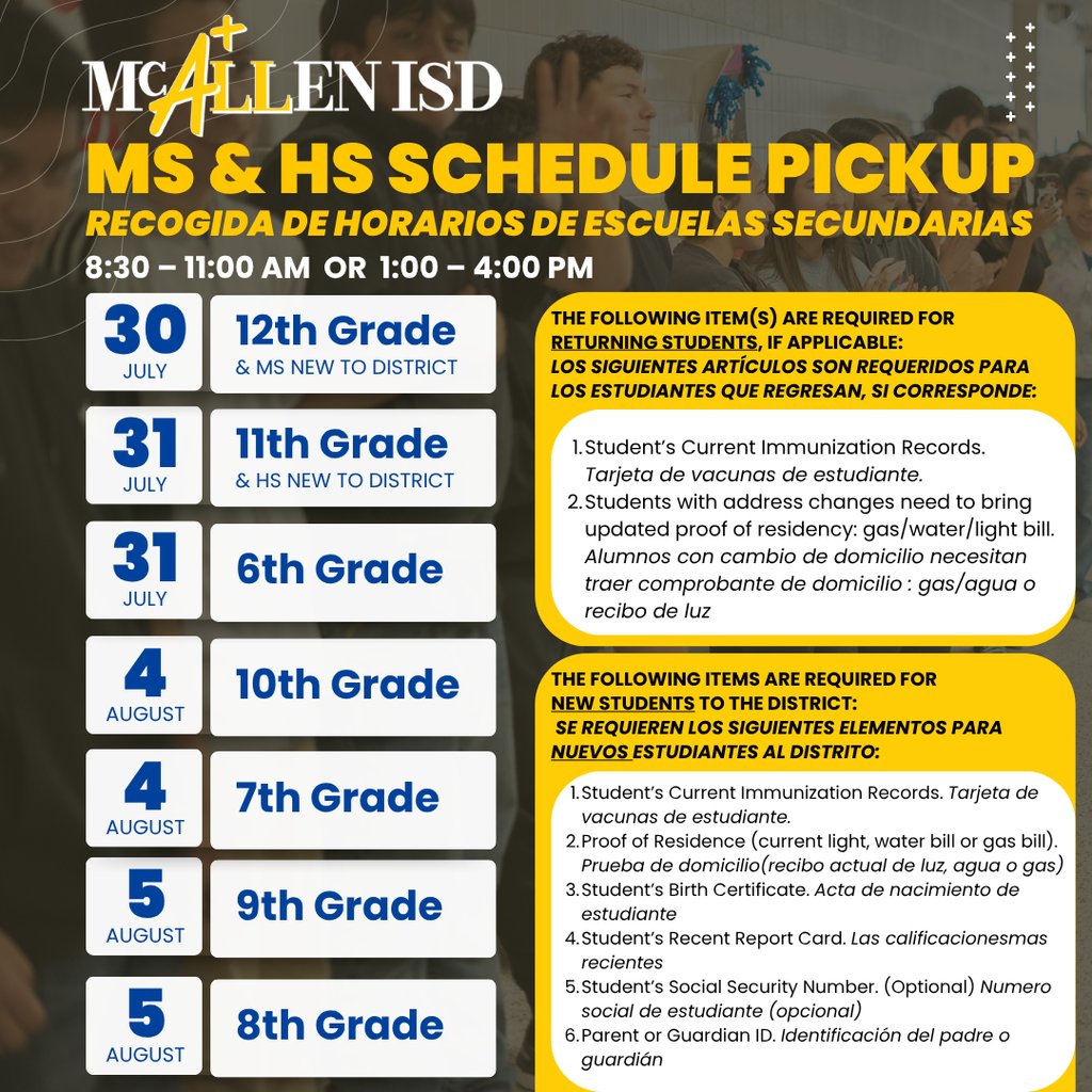 📣 Attention Middle &amp; High School Students!
📅 Mark your calendars—schedule pickup and verification dates are set!
✅ Be sure to visit your campus on your assigned day so you're ready to go for the first day of school! 🎒