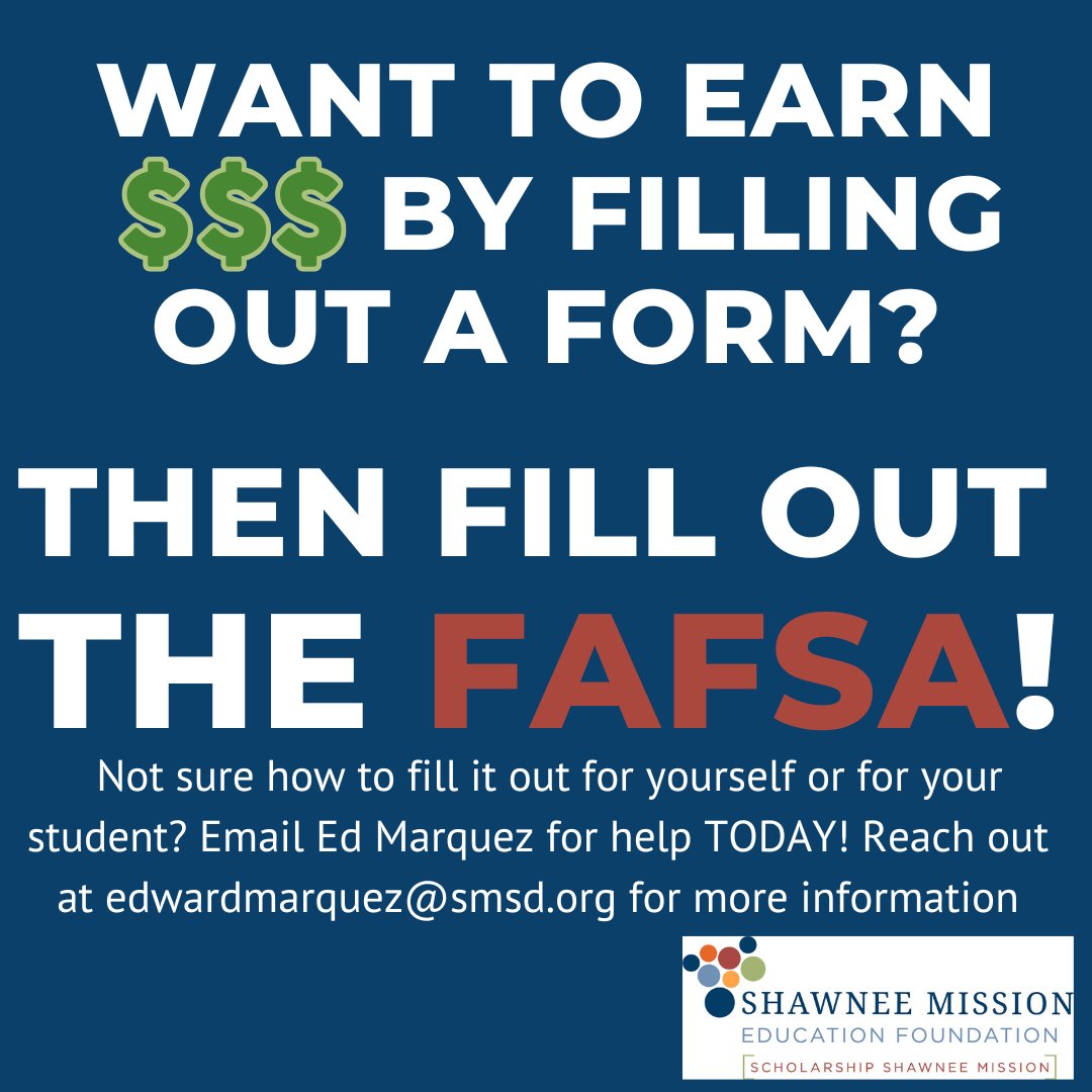 Shawnee Mission Education Foundation (@thesmef) on Twitter photo Class of 2025 grads—there’s still time to complete your <a href="/FAFSA/">Federal Student Aid</a>!
Filling out the <a href="/FAFSA/">Federal Student Aid</a> is a key step in accessing college scholarships, grants, and other financial aid. Need help? Email Edward Marquez at edwardmarquez@smsd.org for support. Class of 2025 grads—there’s still time to complete your <a href="/FAFSA/">Federal Student Aid</a>!
Filling out the <a href="/FAFSA/">Federal Student Aid</a> is a key step in accessing college scholarships, grants, and other financial aid. Need help? Email Edward Marquez at edwardmarquez@smsd.org for support.