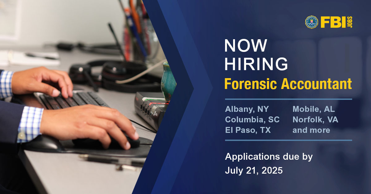 FBIJobs's tweet image. As an FBI forensic accountant, you'll use your analytical skills to expose fraud, follow the money trail, and disrupt criminal enterprises that threaten communities across America and beyond. Be a part of creating a safer, more secure future. Apply today. ow.ly/mHvW50WfM56