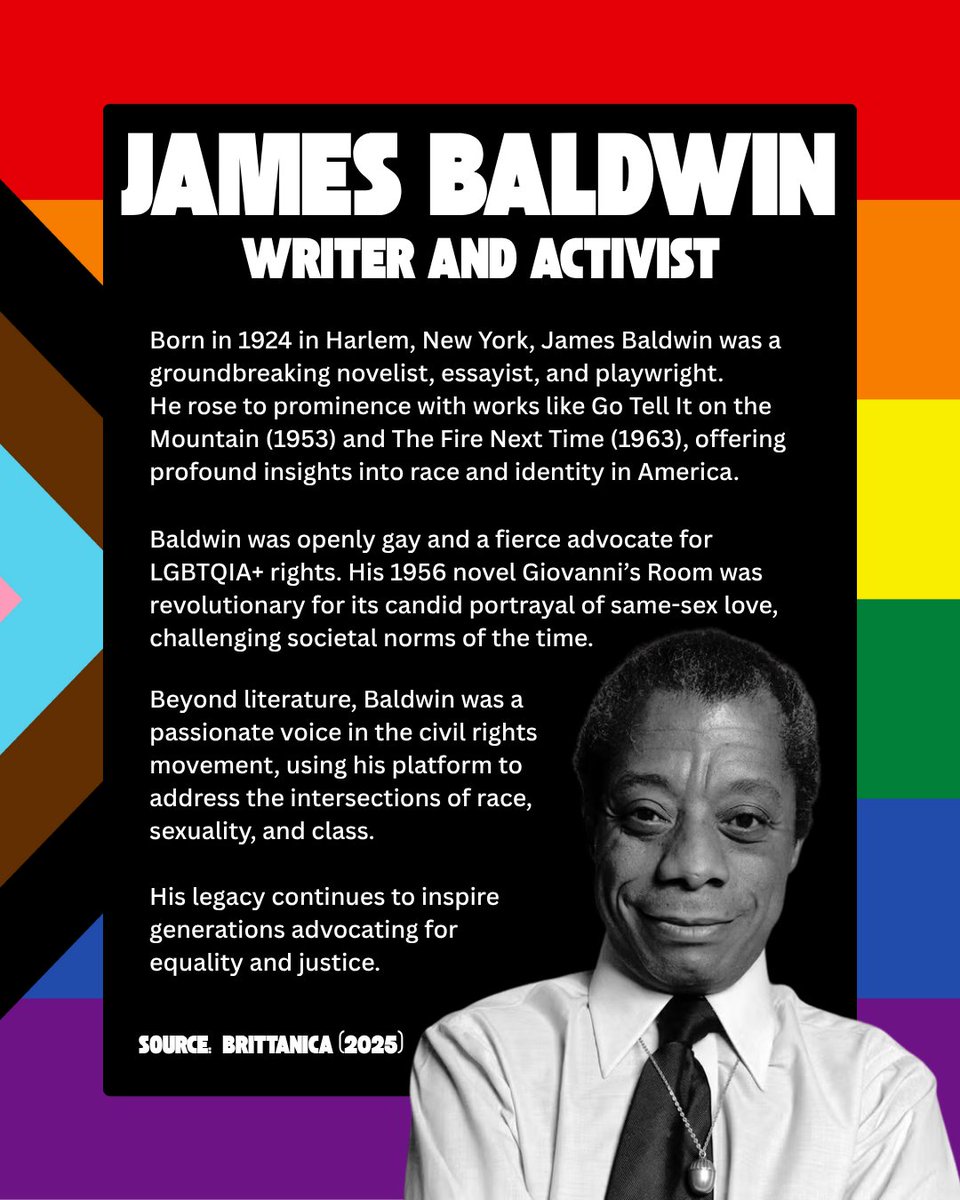 This Pride Month, we honor the powerful legacy of James Baldwin, a prolific writer, civil rights activist, and champion for LGBTQIA+ rights 🏳️‍🌈

#PrideMonth #JamesBaldwin