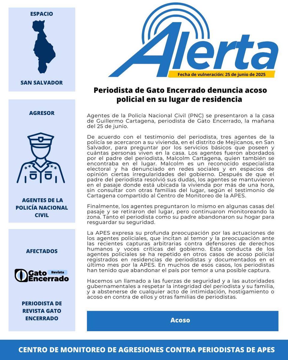 🚨ALERTA | Periodista de Revista Gato Encerrado denuncia acoso policial en su lugar de residencia.