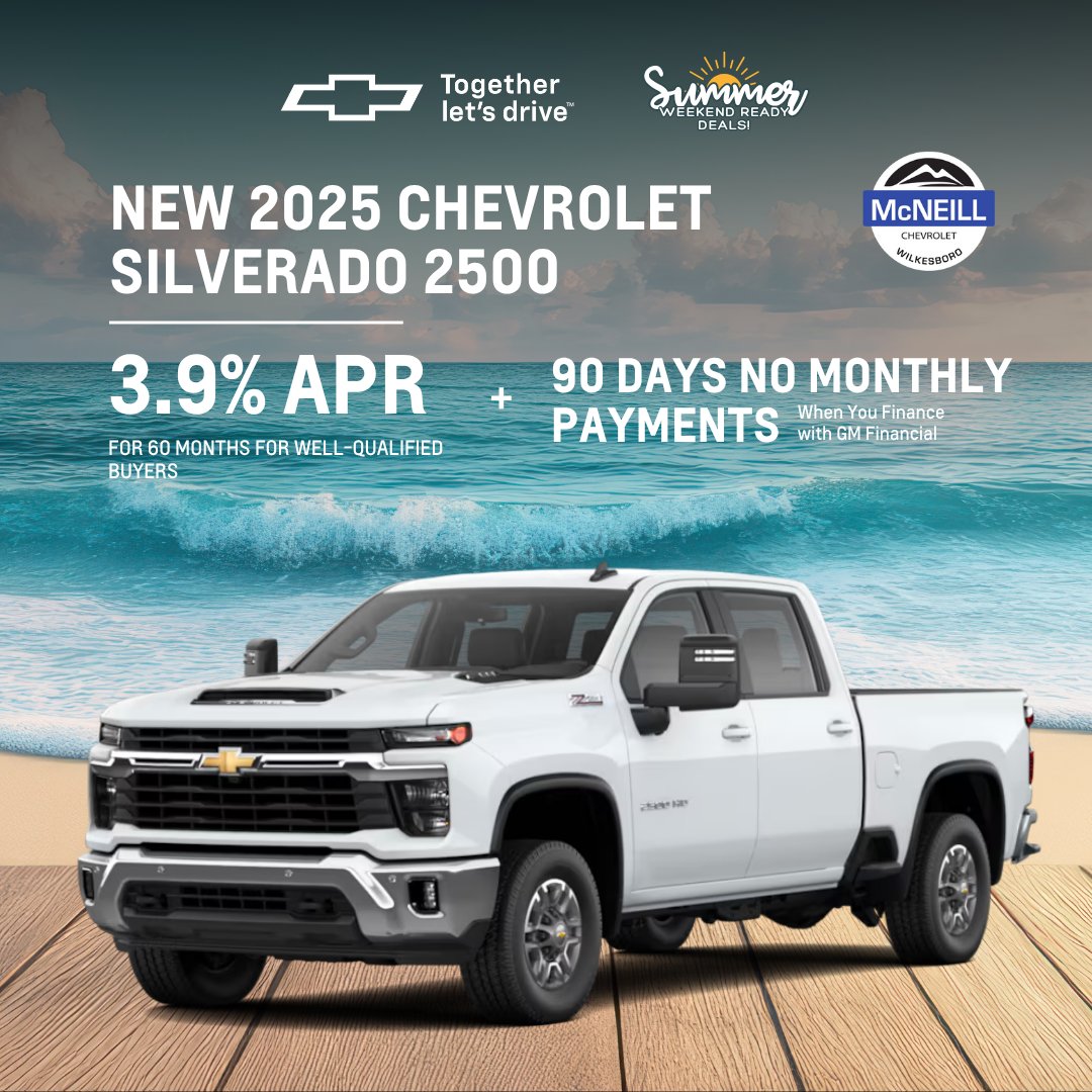 McNeill_Chevy1's tweet photo. Have some serious summer hauling to do? A new 2025 Chevrolet Silverado 2500 is waiting for you at McNeill Chevrolet of Wilkesboro!

This Month: 3.9% APR for 60 months + 90 days no monthly payments when you finance with GM Financial.

Secure this powerful truck today! https://t.co/R351VBmoh1