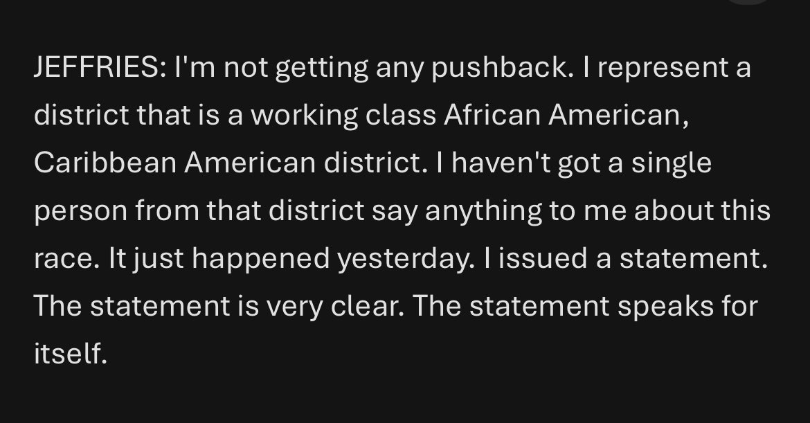 Kyle Stewart (@kylealexstewart) on Twitter photo Asked if he would endorse Mamdani, Jeffries said this statement “speaks for itself.” 
He told me he was not getting any pushback for not explicitly endorsing. Asked if he would endorse Mamdani, Jeffries said this statement “speaks for itself.” 
He told me he was not getting any pushback for not explicitly endorsing.