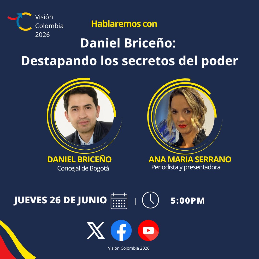 Visión Colombia 2026 🇨🇴 (@vcolombia2026) on Twitter photo 📌Mañana a las 5pm conversaremos con el concejal <a href="/Danielbricen/">Daniel F. Briceño</a>, conocido por su valentía y sus implacables investigaciones. Ha destapado innumerables "ollas podridas" del gobierno, revelando escándalos que han sacudido al país.
No se pierdan esta conversación imperdible donde 📌Mañana a las 5pm conversaremos con el concejal <a href="/Danielbricen/">Daniel F. Briceño</a>, conocido por su valentía y sus implacables investigaciones. Ha destapado innumerables "ollas podridas" del gobierno, revelando escándalos que han sacudido al país.
No se pierdan esta conversación imperdible donde