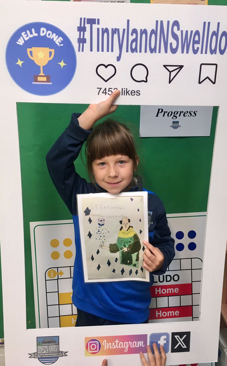 Comhghairdeas le Ellada from Ms Moore’s 1st Class who was successful  in the St Columbanus art competition . Mile buíochas le Regina Doheny <a href="/Alliesgarden/">Regina Doheny🇺🇦</a> for visiting our school to present her with the prize .
<a href="/BishopDNulty/">Bishop Denis Nulty</a>