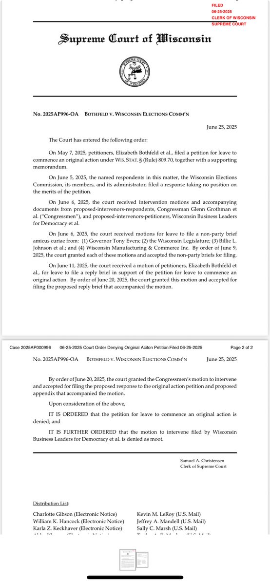 The Wisconsin Supreme Court declines to take up challenges to the swing state’s congressional maps. 

The court has a 4-3 liberal majority; Republicans hold six of the state’s eight congressional districts.