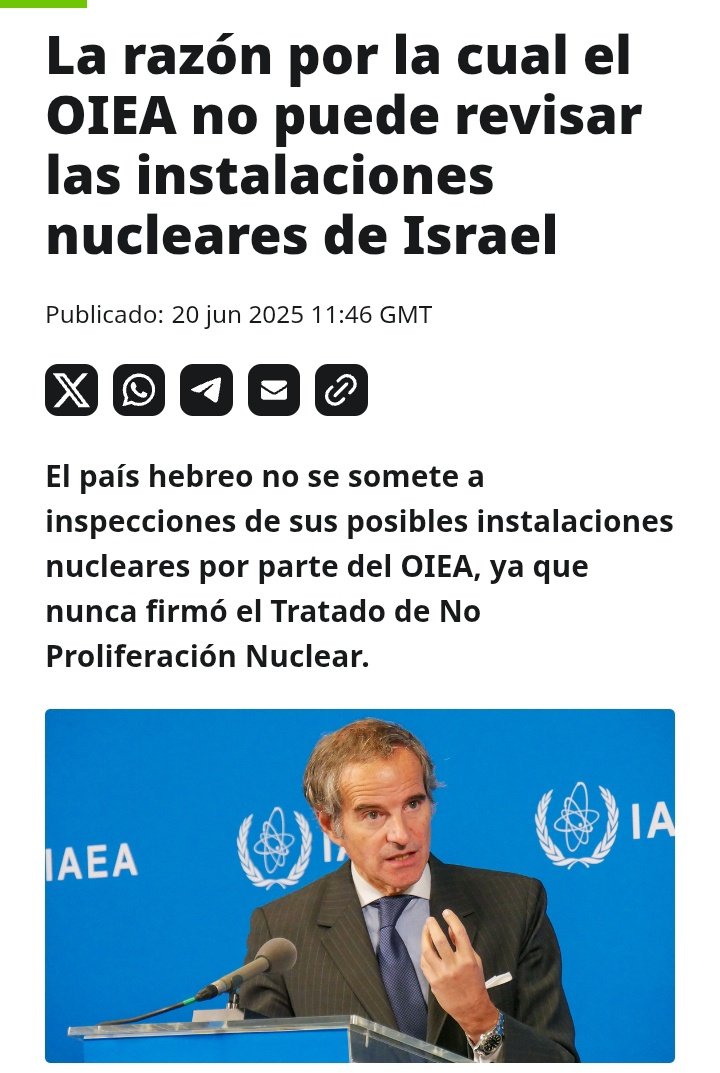 El agente yanqui Rafael Grossi, director de la OIEA dice que no puede inspeccionar a Israel que tiene armas nucleares, pero Irán que no tiene armas nucleares tiene la "obligación" de ser inspeccionado... así de hipócrita se ve este orden mundial basado en reglas.