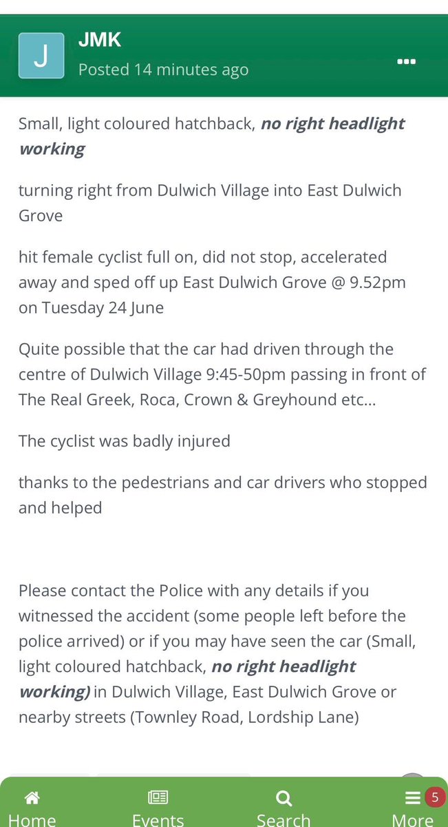 DulwichRoads's tweet image. A cyclist was badly injured by a hit and run driver of a small hatchback car on East Dulwich Grove on 24 June at 9:52pm. The car had a non-functioning front headlight.
If you can help identify the vehicle or the driver please contact @MPSDulwichVllge with details.