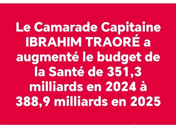 🇧🇫Comrade Captain IBRAHIM TRAORÉ increased the Health Budget from 351.3 billion in 2024 to 388.9 billion in 2025.

That is an increase of 37.6 Billion CFA, a testament of how well the economy is doing, that Traore felt compelled to increase health budget.