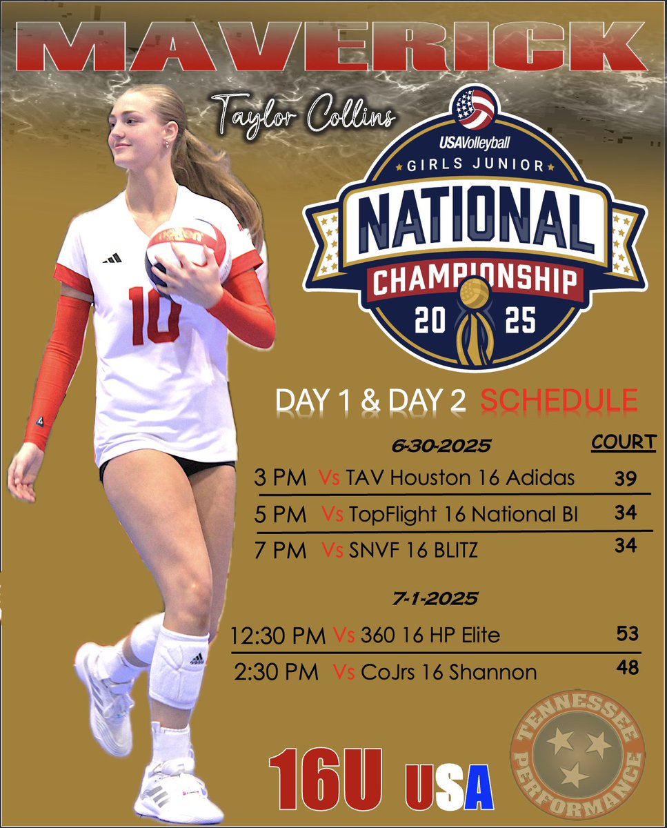 Taylor Collins NCAA ID# 2504555628 (@taylorc2027) on Twitter photo USAV Girls National Championship Day 1 and Day 2 Schedule for Dallas. ONE MORE STOP! πΊπΈππ―#TPV16MAVERICK
<a href="/GoShockersVB/">Wichita State Volleyball</a> <a href="/MemphisVBall/">Memphis Volleyball</a> <a href="/FAUVolleyball/">Florida Atlantic Volleyball</a>
<a href="/HerdVolleyball/">Marshall Volleyball</a> <a href="/MT_Volleyball/">Middle Tennessee Volleyball</a> <a href="/BallStateWVB/">Ball State Volleyball π</a>
<a href="/FIUVolleyball/">FIU Volleyball</a> <a href="/SouthernMissVB/">Southern Miss Volleyball</a> <a href="/vbLAMBO/">Chris Lamb</a>
<a href="/K_Zimmerman7/">Katie Zimmerman</a> <a href="/CoachLindsay11/">Coach Cheri Lindsay</a> USAV Girls National Championship Day 1 and Day 2 Schedule for Dallas. ONE MORE STOP! πΊπΈππ―#TPV16MAVERICK
<a href="/GoShockersVB/">Wichita State Volleyball</a> <a href="/MemphisVBall/">Memphis Volleyball</a> <a href="/FAUVolleyball/">Florida Atlantic Volleyball</a>
<a href="/HerdVolleyball/">Marshall Volleyball</a> <a href="/MT_Volleyball/">Middle Tennessee Volleyball</a> <a href="/BallStateWVB/">Ball State Volleyball π</a>
<a href="/FIUVolleyball/">FIU Volleyball</a> <a href="/SouthernMissVB/">Southern Miss Volleyball</a> <a href="/vbLAMBO/">Chris Lamb</a>
<a href="/K_Zimmerman7/">Katie Zimmerman</a> <a href="/CoachLindsay11/">Coach Cheri Lindsay</a>
