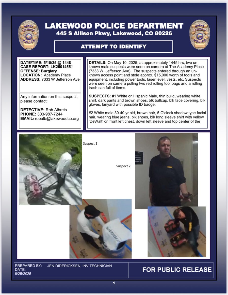 Do you recognize these suspects from a burglary in #Lakewood on 05.10.25?