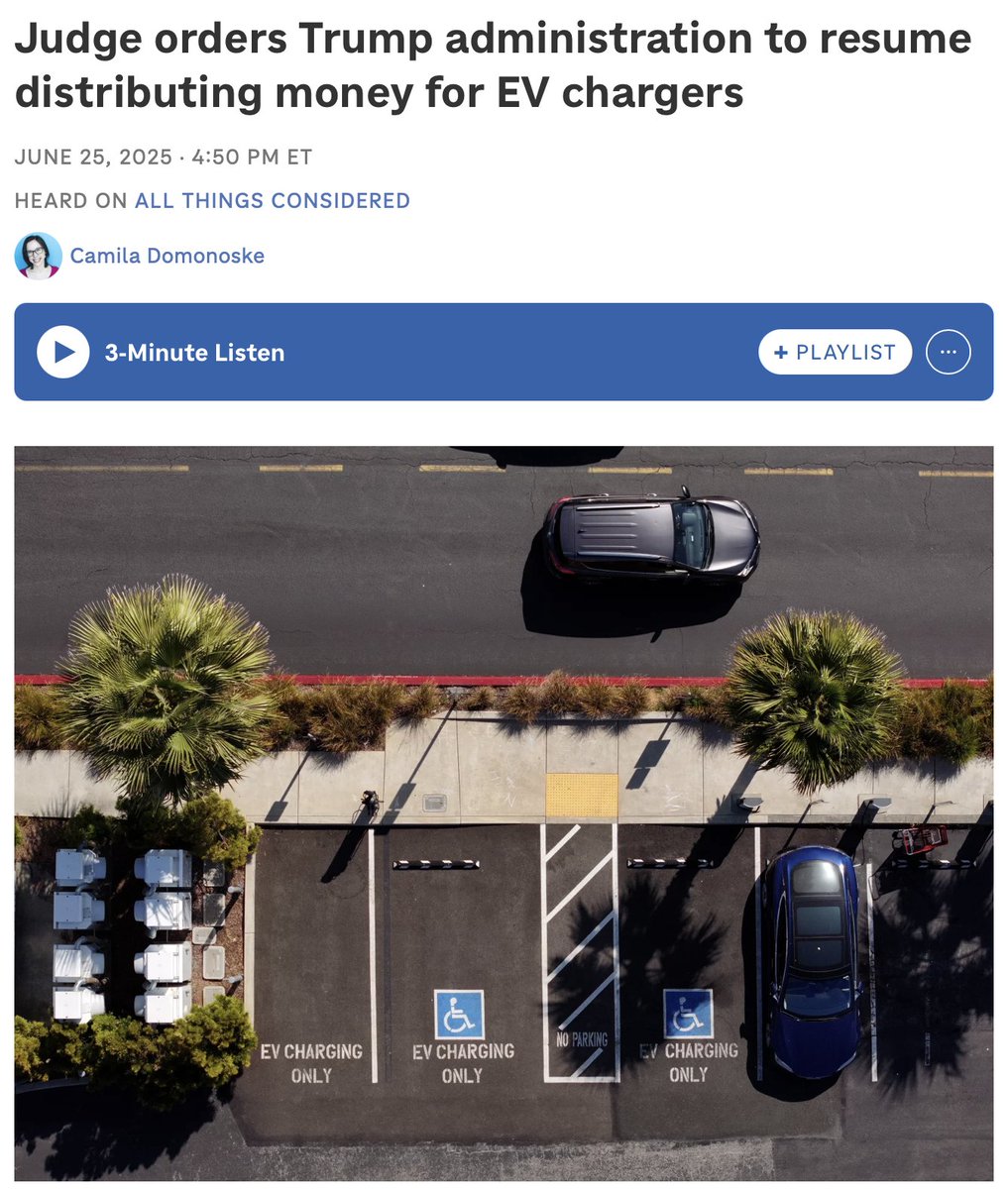 DBretonEMC_MEC's tweet image. &quot;A federal judge in Washington state has ordered the Trump administration to resume distributing money to build EV chargers to 14 states, which had sued to challenge the ongoing freeze on those funds...&quot;