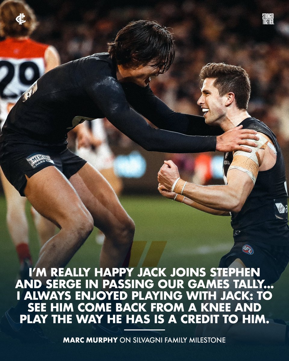 CarltonFC's tweet photo. When Jack Silvagni runs out tonight, he further cements his family's already profound football legacy - moving to second in V/AFL games played by a grandfather/father/son trio.

They go past the Murphy family, with Marc full of praise for his former teammate 💙

READ MORE: https://t.co/DRU2gg1pmh