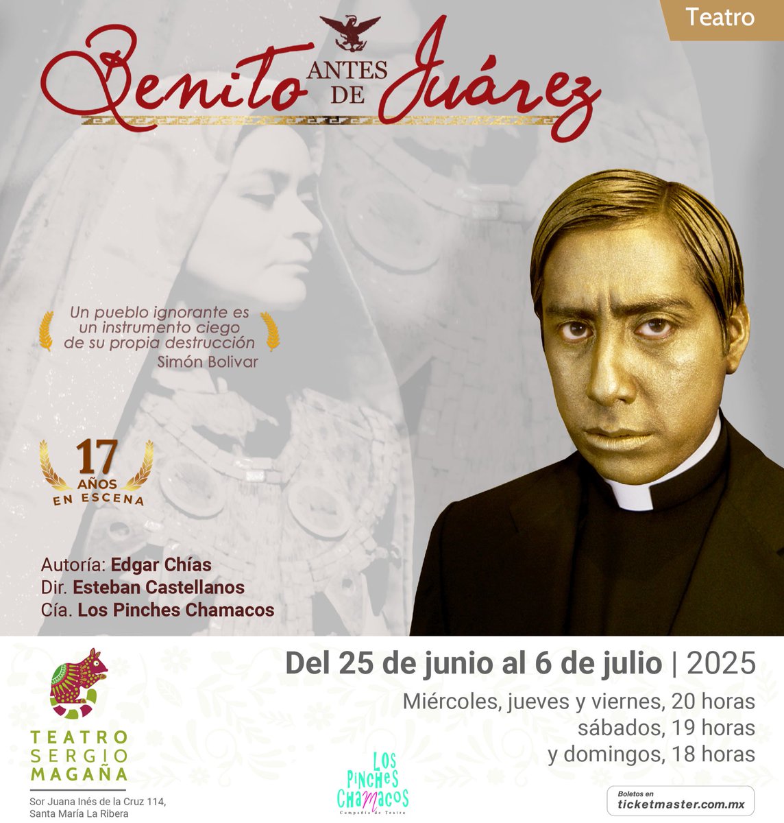 #MuchaMierda al querido equipo de <a href="/Los_pi_chamacos/">Los Pinches Chamacos</a> que hoy reestrenan *Benito antes de Juárez* obra escrita por Edgar Chías y las actuaciones de Esteban Castellanos y Beatriz Luna <a href="/teatrizluna/">beatriz luna</a> en el #Teatro Sergio Magaña. Tenemos 3 #PasesDobles para HOY 7:30 solo nombre y RT