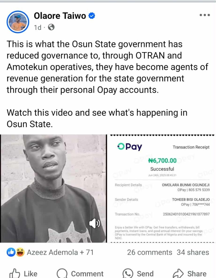 SULAIMAN, Gafar Blessing (@westcurator_) on Twitter photo Taiwo was arrested for calling the government's attention to the corruption in OTRAN and Amotekun, where officials have been using personal accounts to collect fines from people—an issue he personally experienced. Nothing must happen to Taiwo, <a href="/AAdeleke_01/">Gov Ademola Adeleke</a>. Taiwo was arrested for calling the government's attention to the corruption in OTRAN and Amotekun, where officials have been using personal accounts to collect fines from people—an issue he personally experienced. Nothing must happen to Taiwo, <a href="/AAdeleke_01/">Gov Ademola Adeleke</a>.