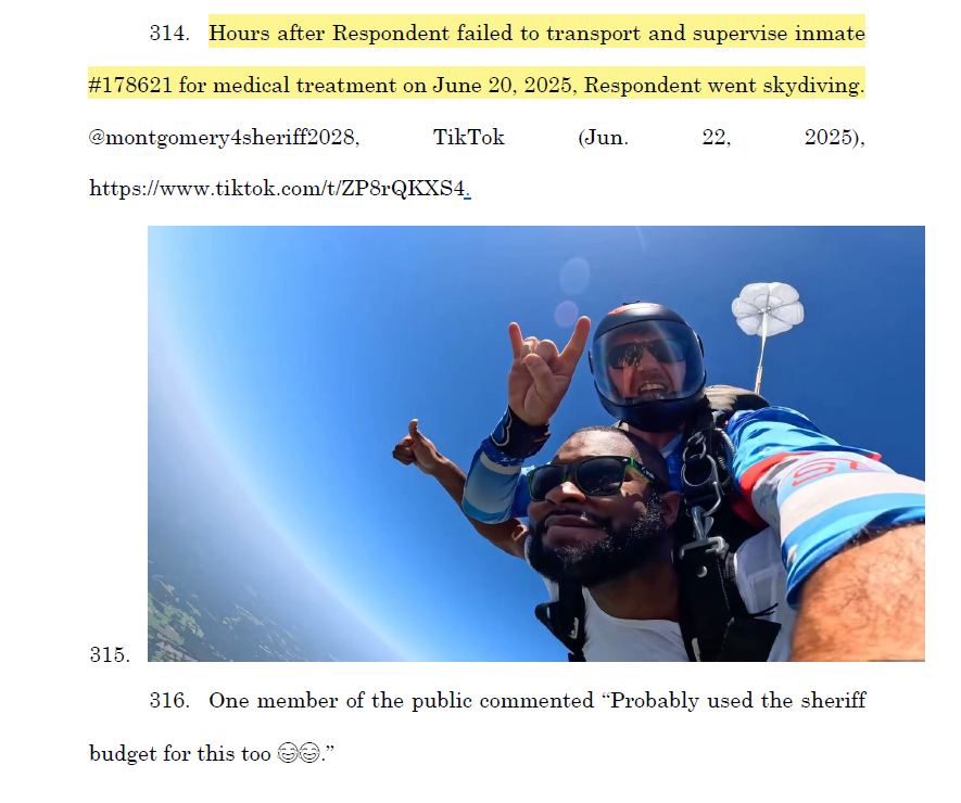 An unexpected nugget in Andrew Bailey's motion to expel Sheriff Alfred Montgomery: his ill-timed TikTok video showing himself skydiving after refusing to provide transportation for a sick detainee.