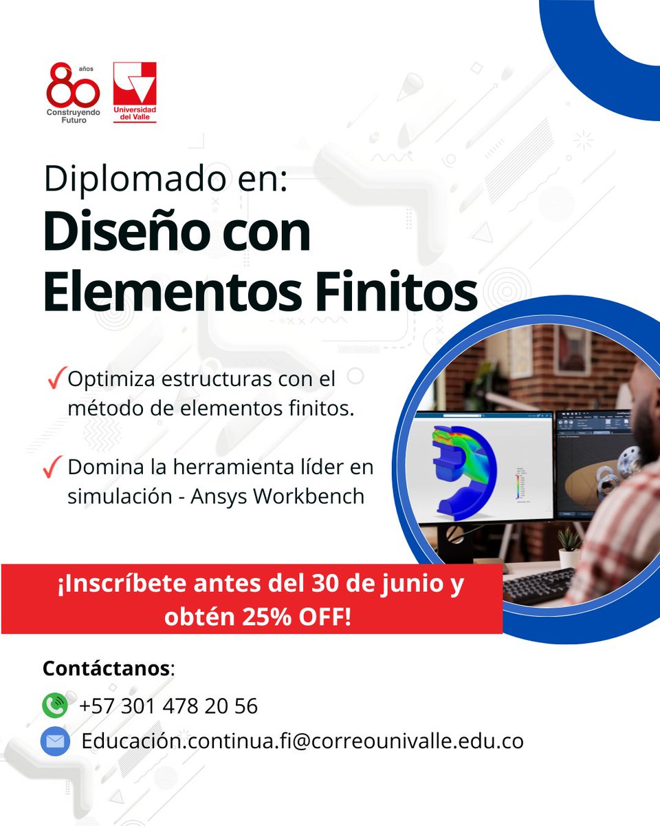 Diplomado en Diseño con Elementos Finitos 🛠️
🎓 ¡Hasta 25% de descuento si te inscribes antes del 30 de junio!

🔧 Intensidad: 140 h
⏳ Duración: 23 semanas
🧑‍💻 Modalidad: Virtual, magistral y práctica
💵 Precio: $2.800.000

👉 Inscríbete ya en el link: forms.gle/JdAms2SXgMwiZH…