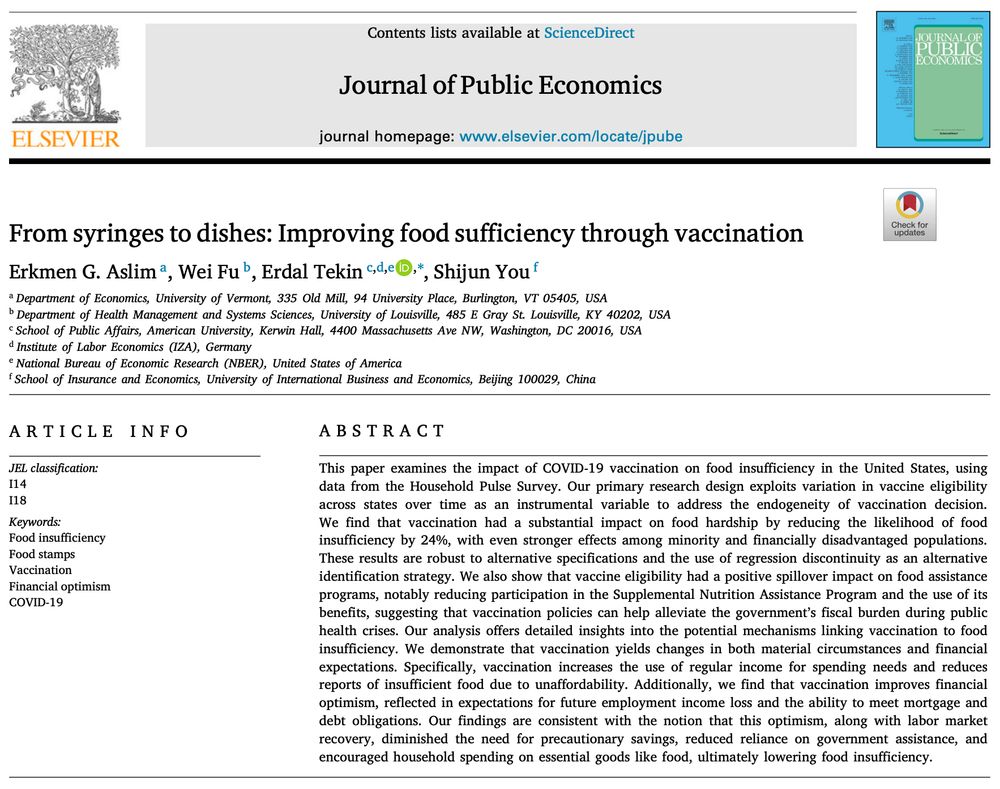 Journal of Public Economics (@jpubecon) on Twitter photo Just published in <a href="/JPubEcon/">Journal of Public Economics</a>
"From syringes to dishes: Improving food sufficiency through vaccination"
By <a href="/girayaslim/">Erkmen G. Aslim</a>, <a href="/WeiFu1991/">Wei Fu</a>, <a href="/Erdal_Tekin_/">πΌπ£πππ πππππ</a>
sciencedirect.com/science/articlβ¦
#EconTwitter Just published in <a href="/JPubEcon/">Journal of Public Economics</a>
"From syringes to dishes: Improving food sufficiency through vaccination"
By <a href="/girayaslim/">Erkmen G. Aslim</a>, <a href="/WeiFu1991/">Wei Fu</a>, <a href="/Erdal_Tekin_/">πΌπ£πππ πππππ</a>
sciencedirect.com/science/articlβ¦
#EconTwitter