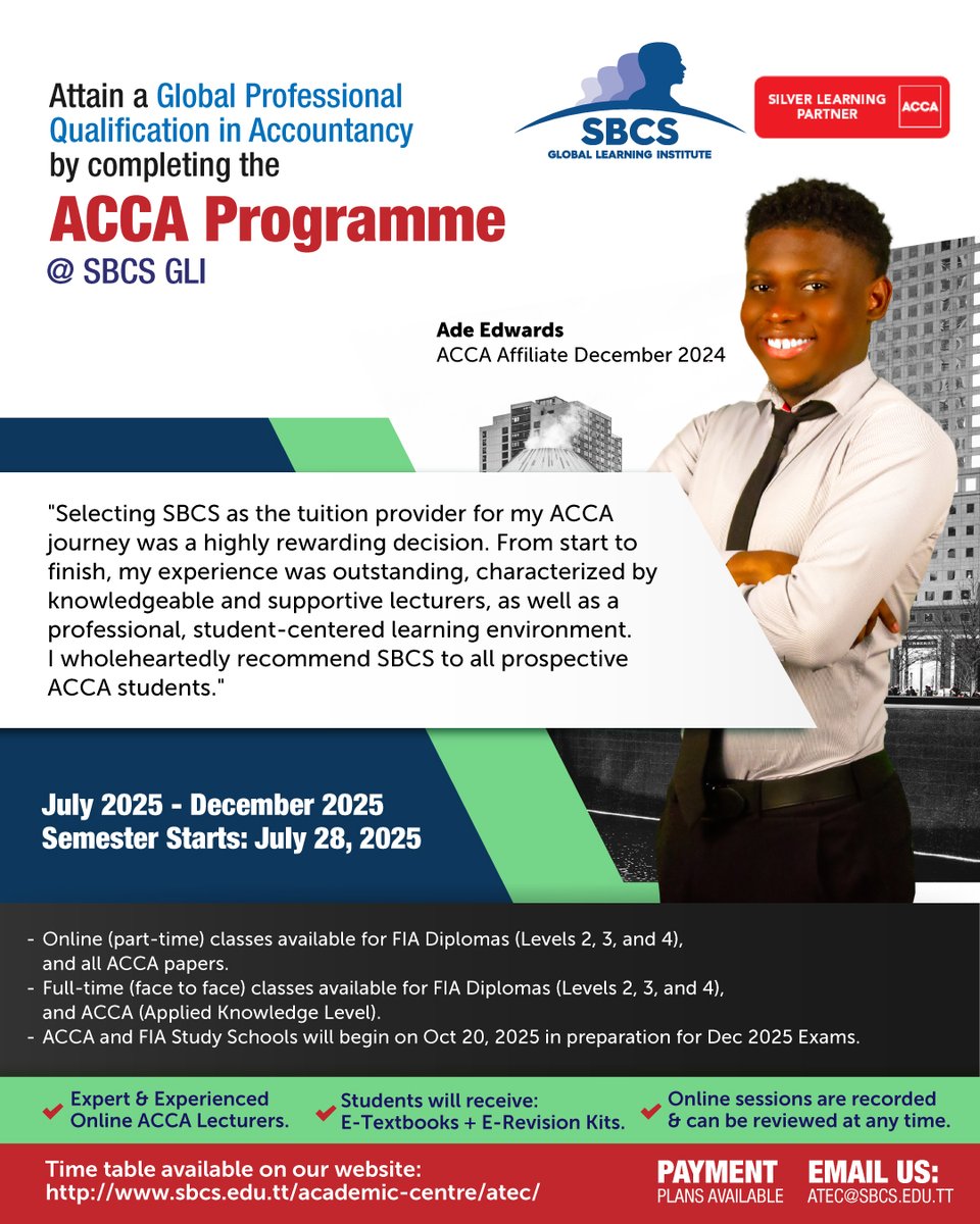 Considering ACCA? Hear From Those Who’ve Walked the Path.

Start your ACCA journey with us—and join a community committed to your success.
Register Now: sbcs.edu.tt/academic-centr…