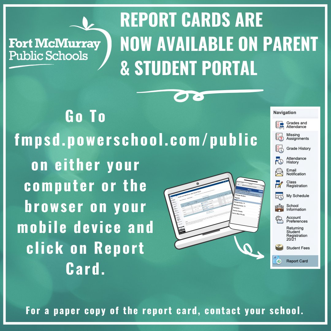 Fort McMurray Public School Division (@fmpsd) on Twitter photo ECDP-6 report cards are now available online!
Parents and students can log in to view their grades today.
Grades 7-12 report cards will be available tomorrow afternoon.
<a href="/annaleeskinner/">Annalee Nutter</a>
#FMPSD #YMM #RMWB ECDP-6 report cards are now available online!
Parents and students can log in to view their grades today.
Grades 7-12 report cards will be available tomorrow afternoon.
<a href="/annaleeskinner/">Annalee Nutter</a>
#FMPSD #YMM #RMWB