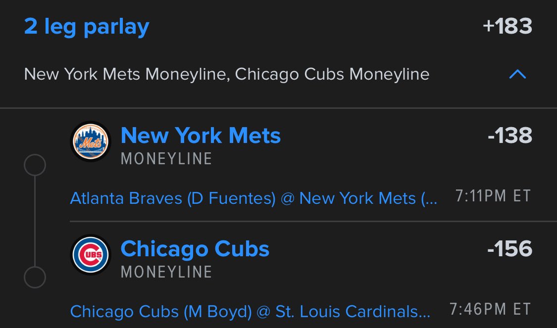 LeakyLockz's tweet photo. 6/25 PARLAY OF THE DAY  

2 leg parlay +183

New York Mets ML -138
Chicago Cubs ML -156

1u to win 1.83u

-

$5 to someone who RTs and Follows
when this SMACKS  

Drop a ‘💸’ if you’re tailing https://t.co/4LMltj9Ao7