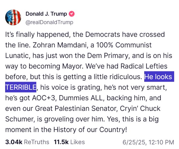 Lmfao
Im not even a big fan of this Mamdani guy. 
But I'm glad Cuomo (literally Netanyahu's lawyer) lost.
The reaction from MAGA crowd is the equivalent of reddit panicking bc of Trump 😂