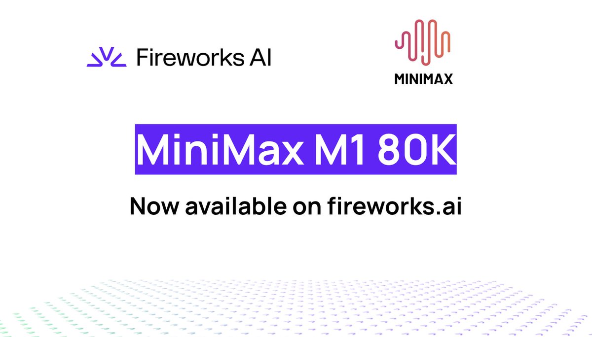 FireworksAI_HQ's tweet image. MiniMax-M1-80k is now available on Fireworks!
Why it matters:
➡️ Extreme long-context reasoning – Natively supports 1 million tokens (8× more than DeepSeek R1). Ideal for use cases like multi-file code refactoring, legal document analysis, and multi-turn agent workflows.
➡️…