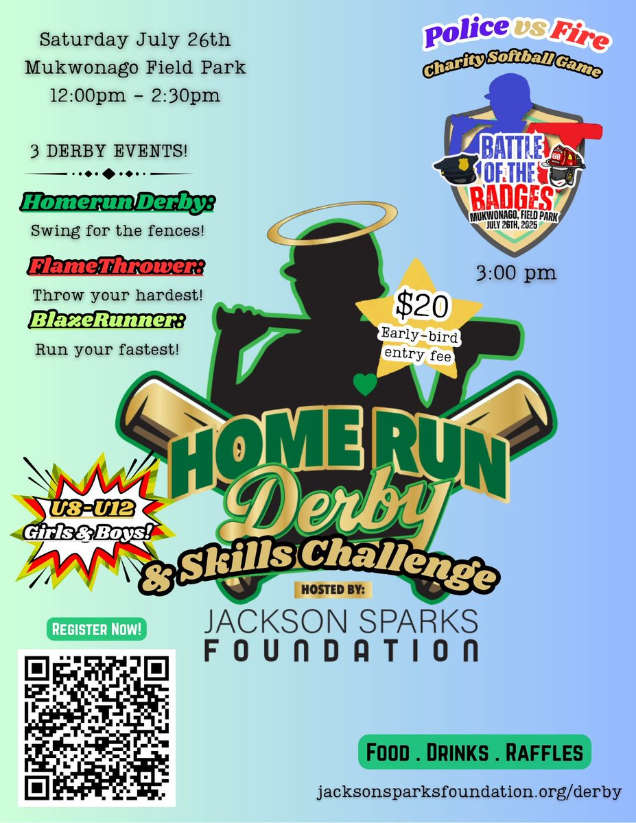 Jackson Sparks Foundation Homerun Derby &amp; Skills Challenge!!

90 awards for boys and girls! 🏆 3 events 🏁 (Derby , FlameThrower 🔥, BlazeRunner 🏃‍♀️), "Battle of the Badges" Charity Softball game 🥎, Raffles 🎫, Food🍔, Drinks 🍻, Special Guests.   

Don't miss out!  Saturday July
