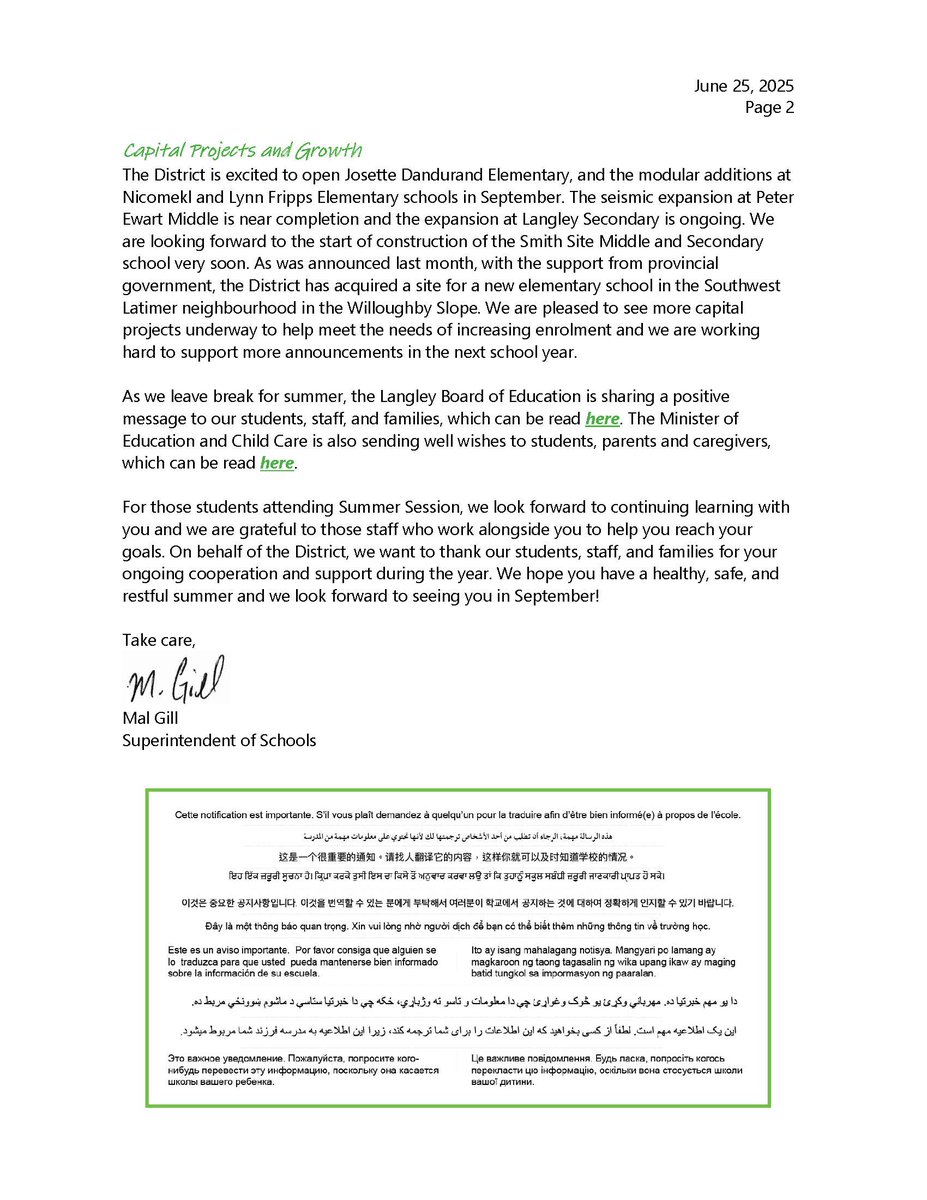 As the school year comes to a close, the District is sharing an Information Bulletin from Superintendent Mal Gill. Have a great summer, everyone. See you in September!