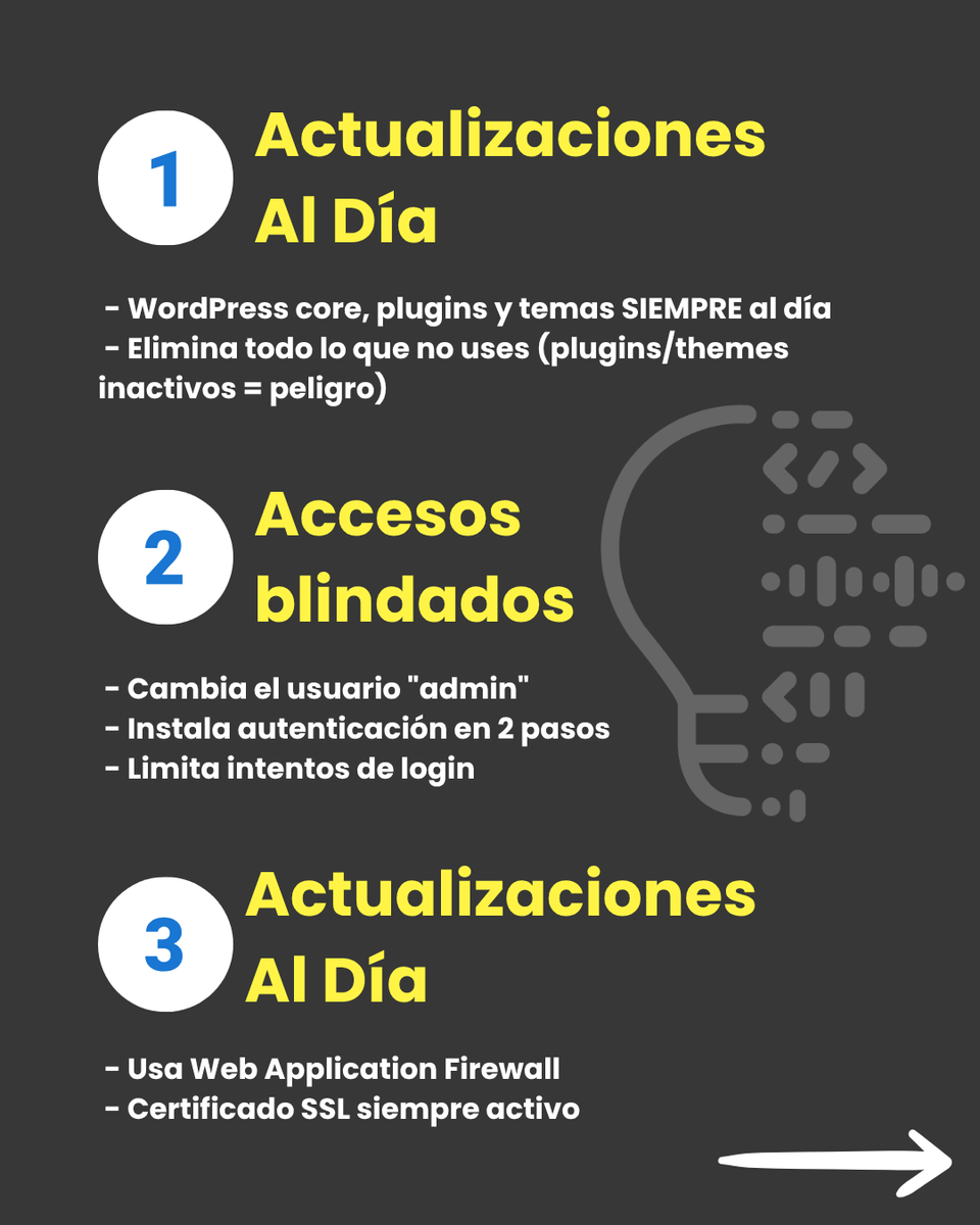 codingtel's tweet image. ¿Tu WordPress podría ser hackeado HOY? 😱
Esto es lo que NECESITAS hacer ya:
✅ Actualizar TODO (core, plugins, temas)
✅ Instalar WAF + 2FA
✅ Backups automáticos fuera del server
¿Sin tiempo? Nosotros lo protegemos por ti.
👉ESCRÍBENOS para más información.