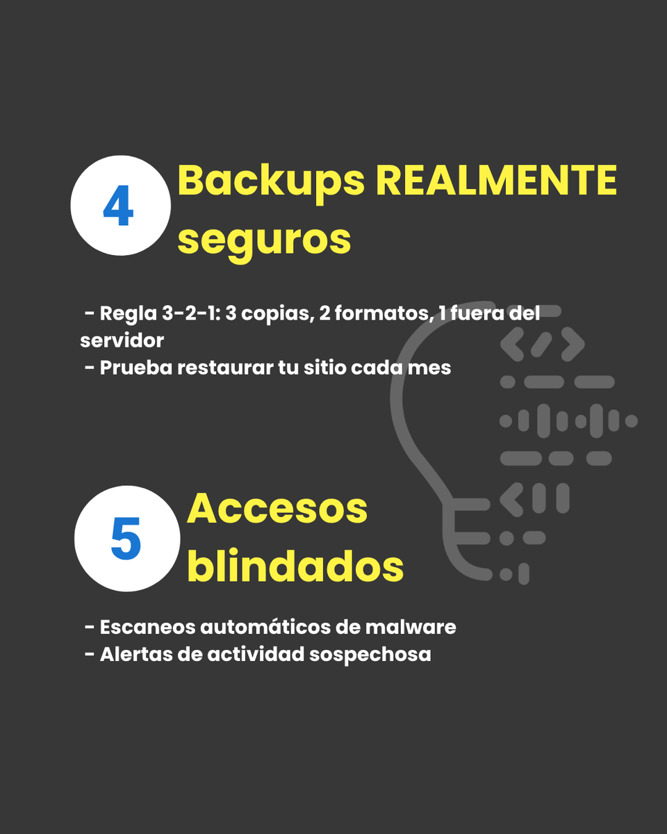 codingtel's tweet image. ¿Tu WordPress podría ser hackeado HOY? 😱
Esto es lo que NECESITAS hacer ya:
✅ Actualizar TODO (core, plugins, temas)
✅ Instalar WAF + 2FA
✅ Backups automáticos fuera del server
¿Sin tiempo? Nosotros lo protegemos por ti.
👉ESCRÍBENOS para más información.