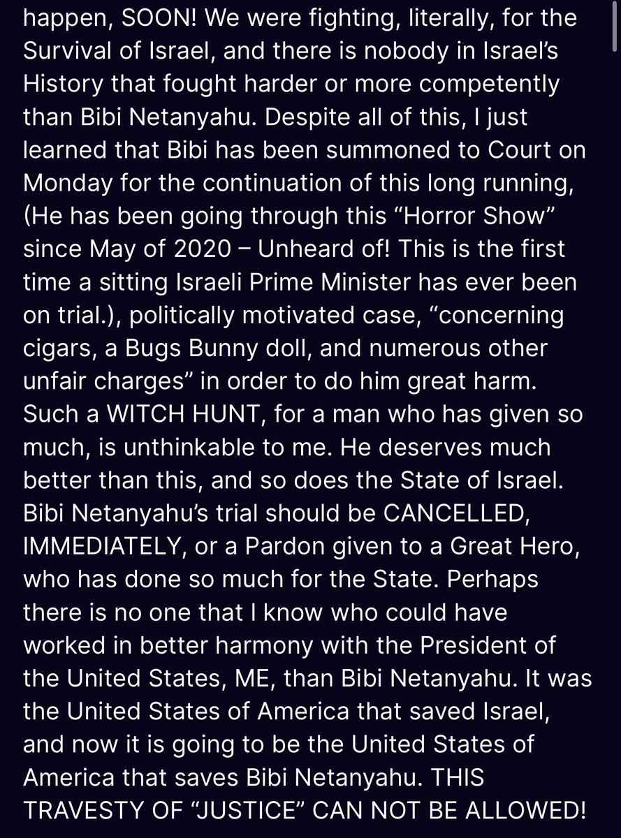 🚨 JUST IN: President Trump calls for Bibi Netanyahu’s trial, which is set to begin on Monday, be THROWN OUT

“THIS TRAVESTY OF JUSTICE CANNOT BE ALLOWED!”