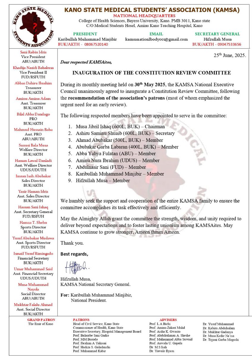 In line with guidance from our esteemed patrons, KAMSA has officially constituted its Constitution Review Committee! 📜
Wishing the committee clarity, wisdom, and success as they embark on this important mission. 
Signed 
Hifzullah Musa
KAMSA National Secretary General