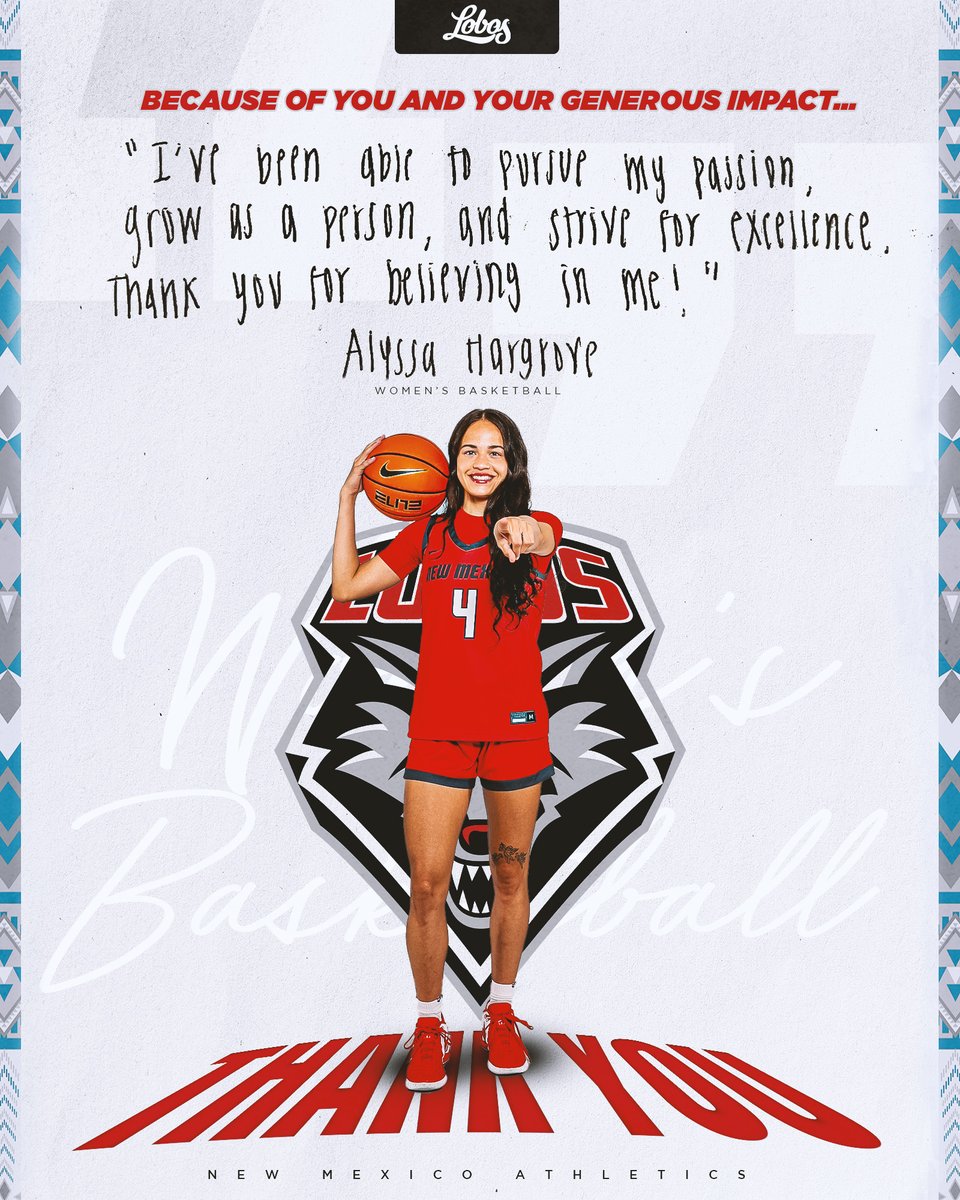 UNMLoboClub's tweet image. Because you believed in her, she’s chasing greatness!
Your generosity empowers student-athletes like Alyssa Hargrove to grow, lead, and strive for excellence—on and off the court!
Thank you for investing in their dreams!
#GoLobos #LoboProud
