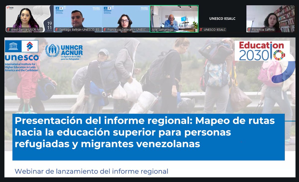 Personal de USCRI LAC participó en la presentación virtual del Informe de la UNESCO sobre el acceso a educación superior para migrantes y refugiados venezolanos donde se destaca el impacto del Proyecto Habesha. 👨‍🎓👩‍🎓
Accede al informe en este enlace: unesdoc.unesco.org/ark:/48223/pf0…