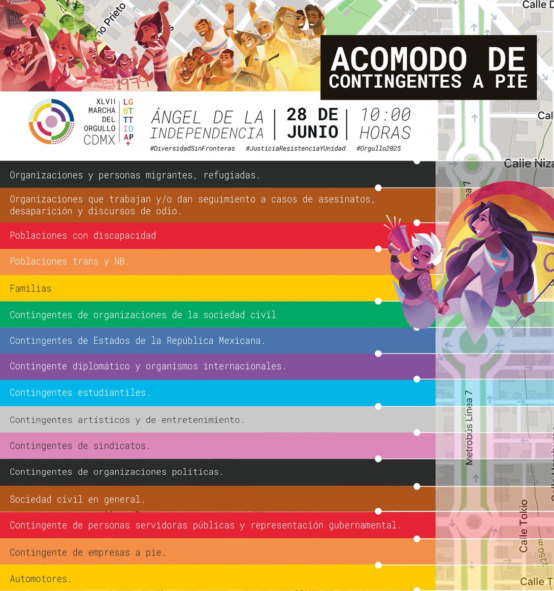 MarchaLGBTCDMX's tweet image. ✨ ¡La marcha la construimos todes!
👣 Les compartimos la sugerencia de acomodo para los contingentes que marcharán a pie
🏳️🌈🏳️⚧️ Esta sugerencia busca visibilizarnos, cuidarnos y avanzar juntes con fuerza y dignidad.
#DiversidadSinFronteras #JusticiaResistenciaYUnidad