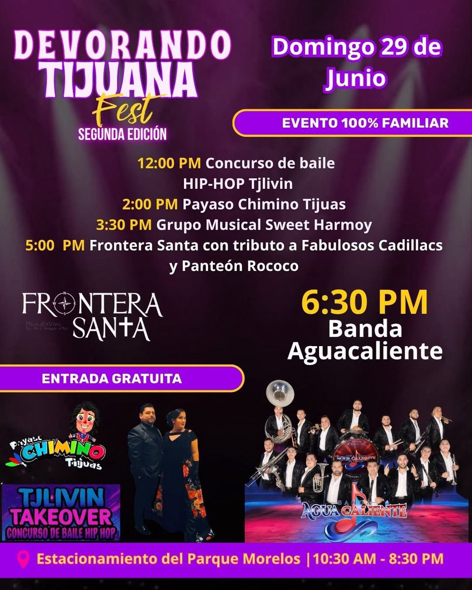 BAguaCaliente's tweet photo. Y el Domingo 29 de Junio, nos vemos en punto de las 6:30 pm en el #DevorandoTijuanaFest, en el estacionamiento del Parque Morelos, no pueden faltar, lo mejor de lo mejor en Gastronomía popular y entretenimiento, ahí nos vemos, shauuu!!!

#BandaAguaCaliente, #LaBandaDeTijuana https://t.co/Lm8rrH9hHe