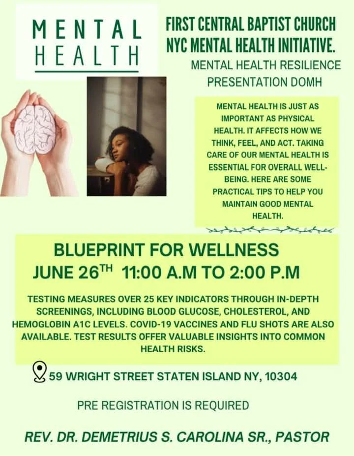 📢 Blueprint for Wellness – This Thursday!
🧠 Mental Health Resilience Presentation
🩺 25+ Free Health Screenings (Glucose, Cholesterol, A1C)
🗓 Thursday, June 26
🕚 11:00 AM – 2:00 PM
📍 59 Wright Street, #StatenIsland, NY 10304
