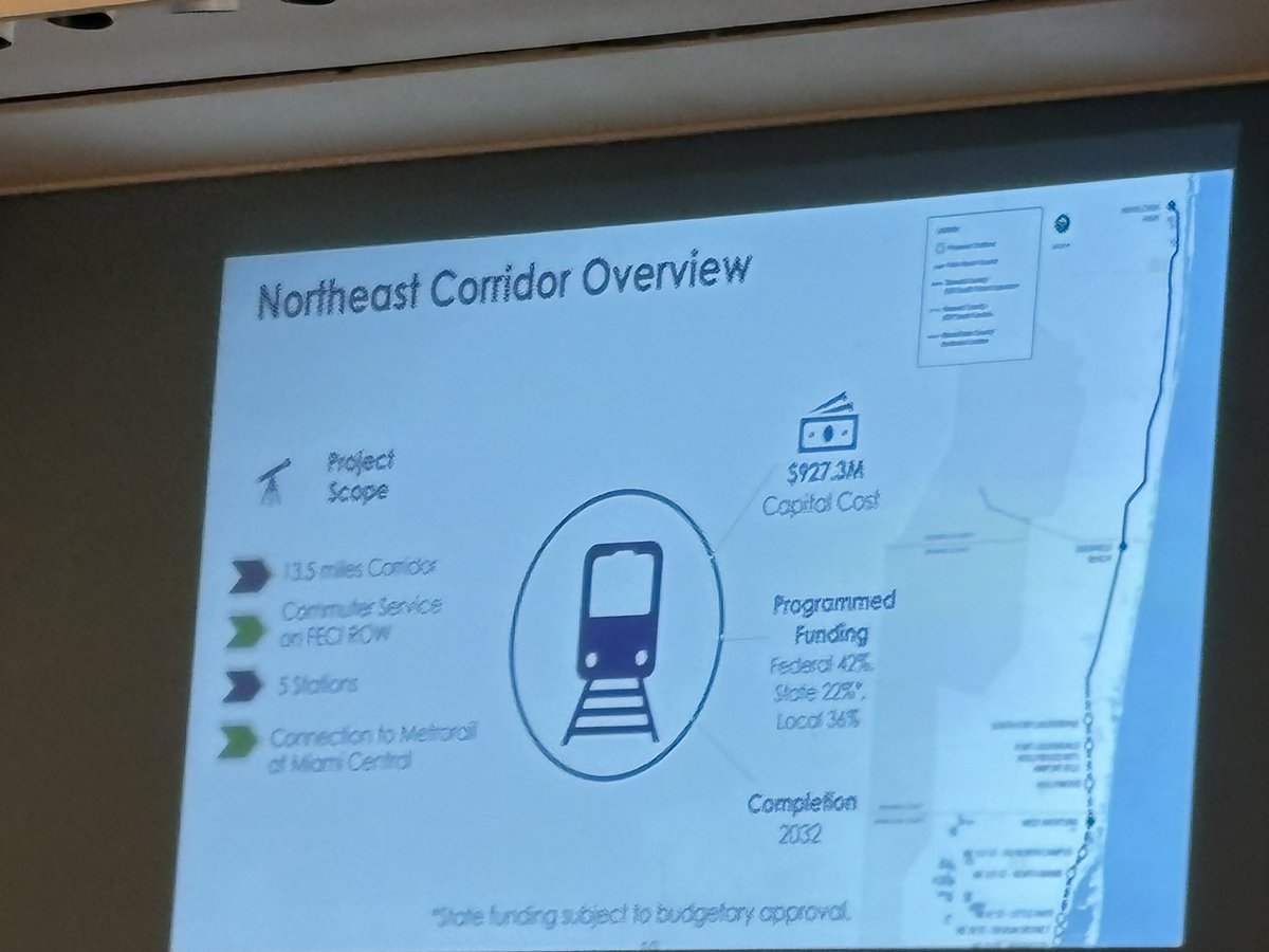 doug_hanks's tweet photo. At a presentation on Miami-Dade’s Northeast Corridor $937M commuter rail project (on Brightline tracks). Was counting on state matching funds to get federal money to cover about $600M of the costs. That money being cut in budget bill that passed the Fla Legislature https://t.co/KfPJ10HFpT