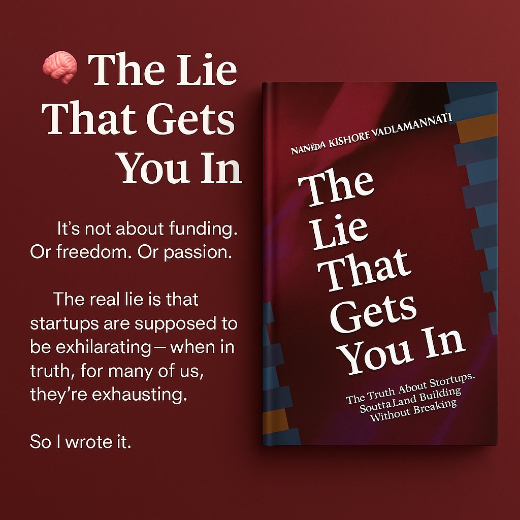 nandkia's tweet photo. Just launched:
📘 The Lie That Gets You In
Truth about Startups, Sanity, &amp; Building Without Breaking.

This isn’t a hype playbook. It’s the raw, honest companion I wish I had during my first startup.

https://t.co/8wrG1Yrlrt
https://t.co/8GXSmUxE09

#startups #founderlife #books https://t.co/8fjUCjxilR