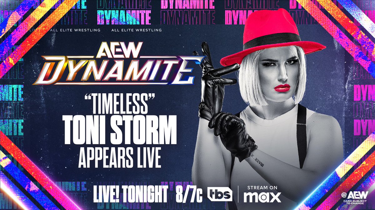 All Elite Wrestling (@aew) on Twitter photo TONIGHT!
Wednesday Night #AEWDynamite
LIVE, 8/7c on TBS + MAX!
Timeless Toni Storm Appears Live!
The AEW Women's World Champion made it clear on Collision that she wants <a href="/MercedesVarnado/">Mercedes Moné Varnado</a> at her absolute best for their match in Texas!
The Champion appears LIVE TONIGHT! TONIGHT!
Wednesday Night #AEWDynamite
LIVE, 8/7c on TBS + MAX!
Timeless Toni Storm Appears Live!
The AEW Women's World Champion made it clear on Collision that she wants <a href="/MercedesVarnado/">Mercedes Moné Varnado</a> at her absolute best for their match in Texas!
The Champion appears LIVE TONIGHT!