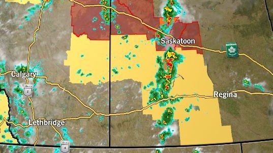 We have a classic supercell storm sweeping through #yyc at the moment, but it's got nothing on the squall line developing over Saskatchewan.  Many warnings, including Tornadoes in red in effect. #skstorm #abstorm