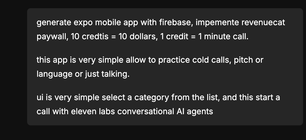 jamesjara's tweet photo. The golden prompt used to generate the mobile app that allows anyone to practice cold calling.  #boltdotnew #revenuecat #elevenlabs https://t.co/c7edhVROS5