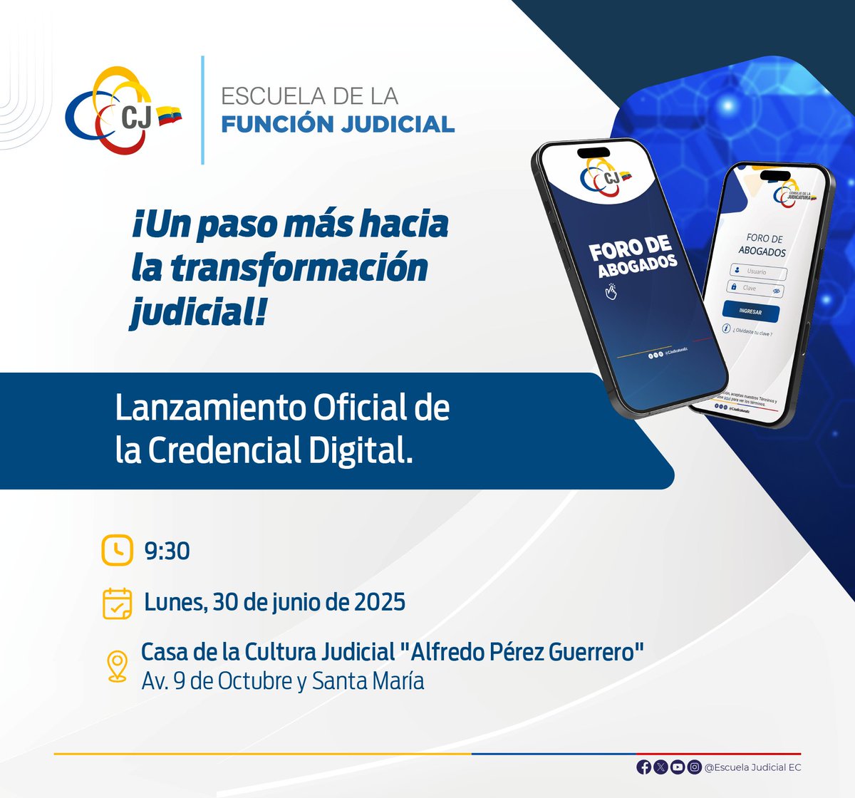 Escuela Judicial EC (@escuelacjec) on Twitter photo 📣 La Escuela de la Función Judicial lanza su Credencial Digital EFJ, una herramienta ágil y segura de identificación profesional.
📅 Lunes 30 de junio, 09h30
📍 Casa de la Cultura Judicial, Quito
👥 Con autoridades del sector jurídico.
¡Te esperamos! ✨ 📣 La Escuela de la Función Judicial lanza su Credencial Digital EFJ, una herramienta ágil y segura de identificación profesional.
📅 Lunes 30 de junio, 09h30
📍 Casa de la Cultura Judicial, Quito
👥 Con autoridades del sector jurídico.
¡Te esperamos! ✨