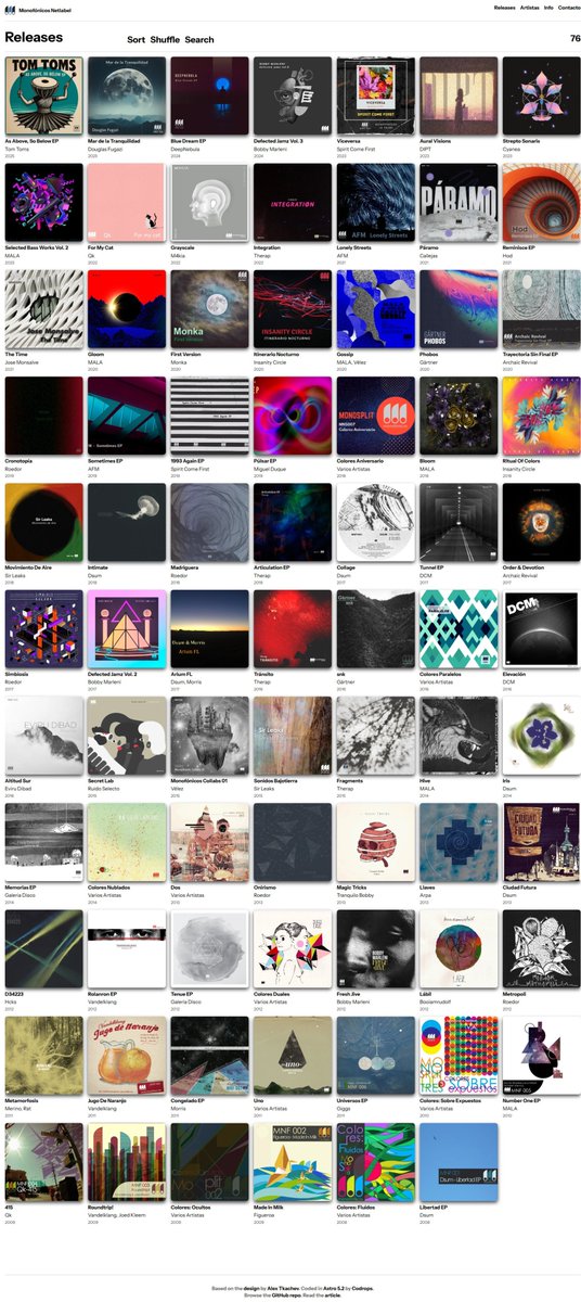 La página de <a href="/Monofonicos/">Monofónicos</a> Netlabel ha sido construido con Astrojs y Tailwind. Es muchisimo más rapida y tiene secciones nuevas. 😀💚
Muy pronto la publicaremos en el sitio oficial 😍