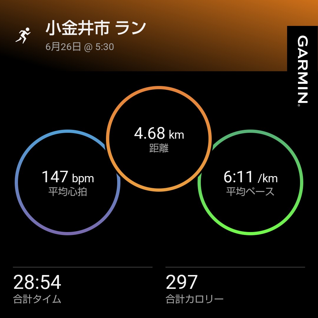 朝ラン。
今日の湿気はすごかった。毛穴から汗が吹き出た。しかし、去年と比べて随分走力が落ちてしまった。秋にはすっきり走れるようになるといいな！