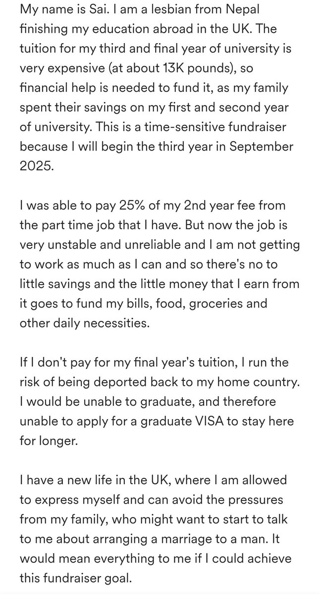 we've almost made it to 1800, but it needs to be much much more than that. please keep sharing and helping SAVE A LESBIAN FROM ARRANGED MARRIAGE AND DEPORTATION!

gofund.me/a0593e8f