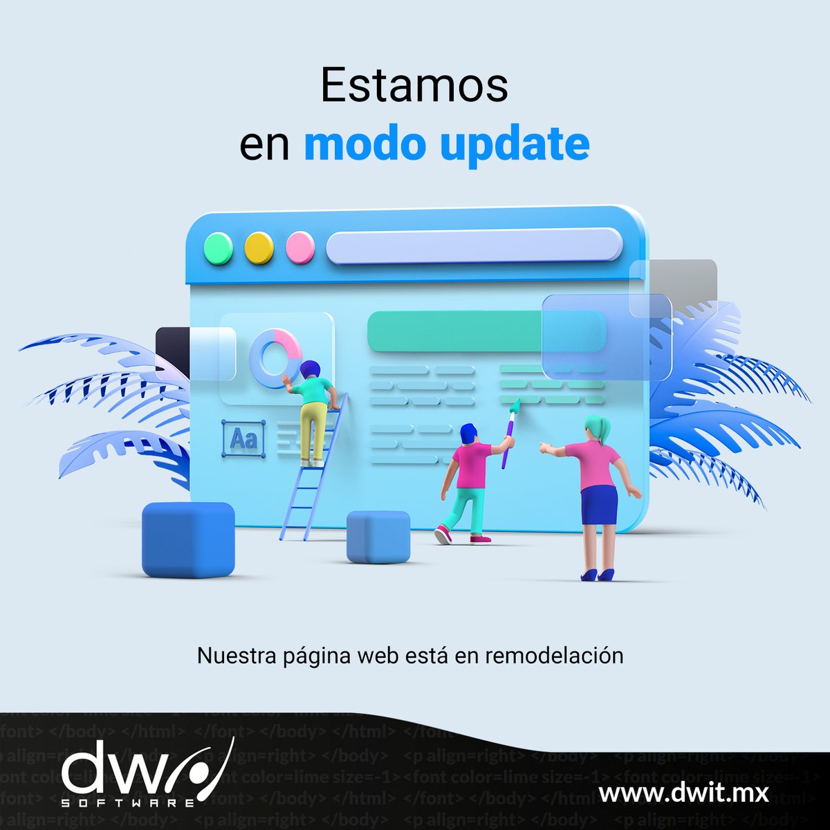 software_dw's tweet image. Muy pronto tendrás una experiencia más ágil, moderna y hecha a tu medida 🔨🧰Mientras tanto, seguimos aquí para ayudarte a crear soluciones inteligentes ☝#DWSoftware #DesarrolloWeb #SoftwareALaMedida