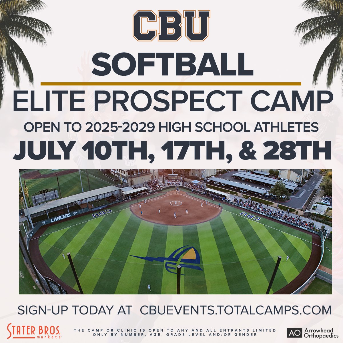 California Baptist Softball (@cbusoftball) on Twitter photo Don't miss the opportunity to participate in the Elite Prospect Camp and get in front of our new coaching staff! Click the link below to sign up today👏
👉cbusoftballcamp.totalcamps.com/shop/EVENT
#LanceUp⚔️ Don't miss the opportunity to participate in the Elite Prospect Camp and get in front of our new coaching staff! Click the link below to sign up today👏
👉cbusoftballcamp.totalcamps.com/shop/EVENT
#LanceUp⚔️