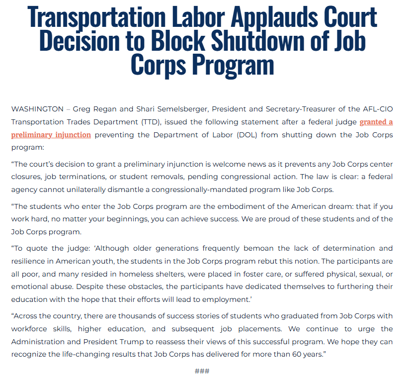 🚨 A federal judge issued a preliminary injunction to block the shutdown of Job Corps. 

The law is clear: a federal agency cannot unilaterally dismantle a congressionally-mandated program like Job Corps. Our statement: